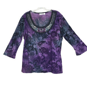 Cato Velvet Burnout Blouse Purple Floral Print Embellished Women L Whimsigoth